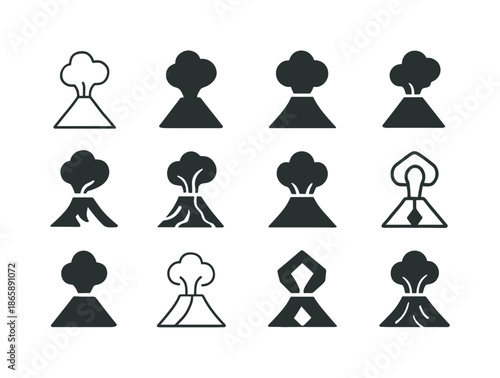 Volcanic Eruption Icons. Volcanic eruption. Icon set. Set Logo of Volcanic eruption: eruptive plume. harmonious logo variations of the same emblematic concept,