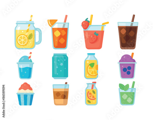 Summer Refreshment Icons. Summer refreshments. Colorful flat vector icons set of summer refreshments: lemonade jar, iced tea glass, fruit punch cup, cold brew