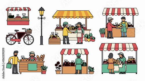 Diverse people engaging at outdoor market stalls, selling fresh produce, bread, and flowers