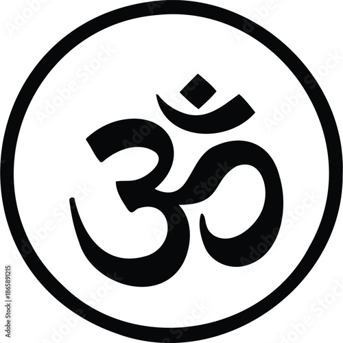 Black and White Om Symbol in Circle Frame - Sacred Hindu Syllable for Meditation and Spiritual Practices