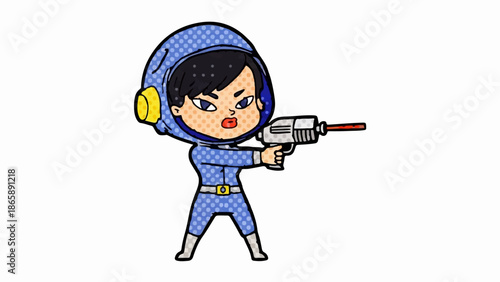 Comic style drawing of a woman in a blue spacesuit holding a silver laser gun