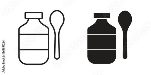 Syrup medicine bottle icons set designed in filled, outline, line and stroke style