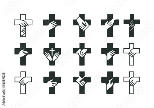 Catholic Mission Logos. Catholic mission work. Icon set. Set Logo of Catholic mission work: cross with helping hands. harmonious logo variations of the same