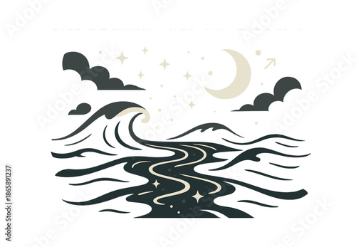 Moonlit Ocean Waves. Waves at night. Moonlight sparkles on gentle ocean waves, creating soft, glowing trails. Stars and clouds swirl above in quiet symmetry.