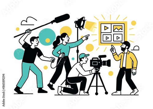 Film Crew Dynamics. Film crew working. A director gestures toward a glowing storyboard while crew members adjust lights and camera gear around.