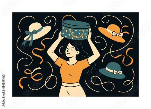 Whimsical Hatbox Delight. Hatbox accessories. Model lifting a vintage hatbox; ribbons and hats floating around playfully. Curved lines adding swirl and flair.