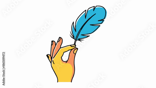 Hand holding a blue feather, artistically drawn with bold black outlines