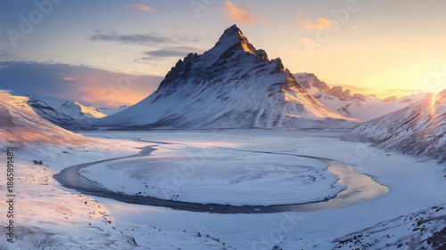 Majestic mountain peak at sunrise over frozen lake