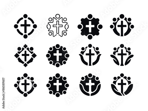 Catholic Charities Icons. Catholic charities. Icon set. Set Logo of Catholic charities: community circle. harmonious logo variations of the same emblematic