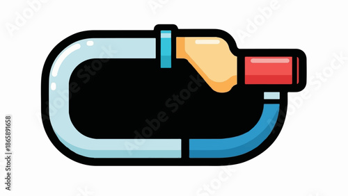 Hand holding a carabiner with a red gate and blue rope