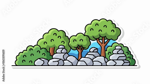 Cute cartoon landscape with trees, bushes, and stacked stones