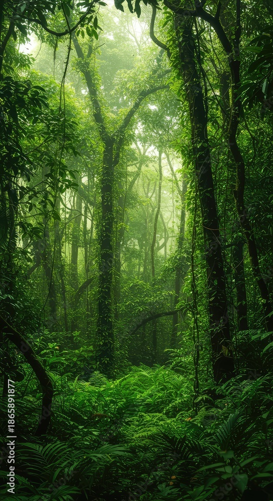 Obraz premium Dense, vibrant green jungle scene showing interconnected vines, massive trees, and saturated tropical flora under diffused natural light ,serenity ,canopy ,lush