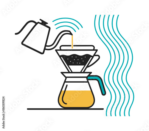 Mindful Pour-Over Artistry. Making tea or coffee ? pour-over process. A thin stream of water falls into a filter cone; rhythmic lines show mindfulness and