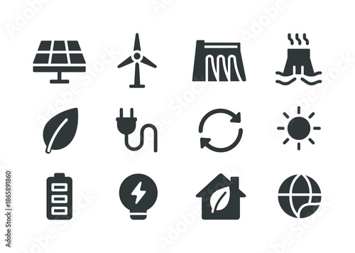 Renewable Energy Icons. Renewable energy adoption. Solid icon set of Renewable energy adoption: solar panel, wind turbine, hydro dam, geothermal icon, biomass