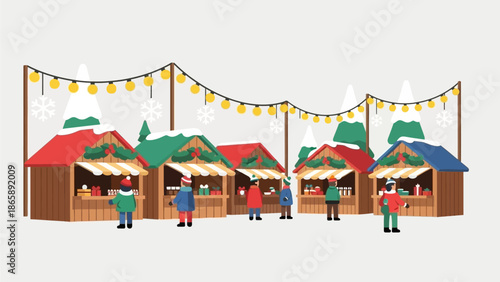 Winter market scene with festive stalls and shoppers under string lights in a snowy environment viewed from the front