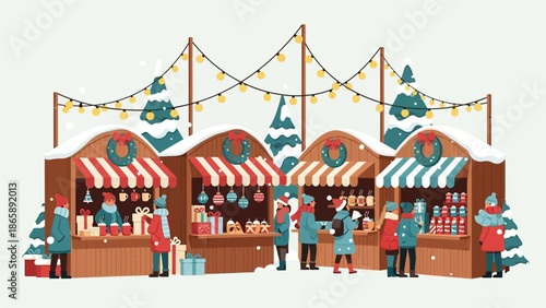 Vibrant Christmas Market Scene with Stalls and Shoppers in a Winter Wonderland
