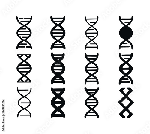 DNA Logo Variations. DNA. Icon set. Set Logo of DNA: chromosome symbol. harmonious logo variations of the same emblematic concept, each with different artistic