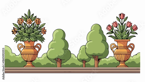 Ornate vases with blooming flowers and sculpted trees line a raised terrace