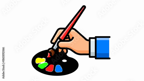 Hand holding a paintbrush with a palette of colors, ready to create art