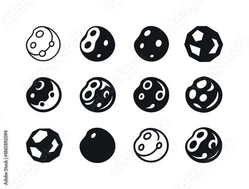 Asteroid Icon Collection. Asteroids. Icon set. Set Logo of Asteroids: rotating asteroid shape. harmonious logo variations of the same emblematic concept, each
