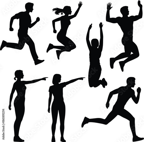Dynamic silhouettes of men women running jumping pointing energetic human action poses isolated on white background vector illustration design collection