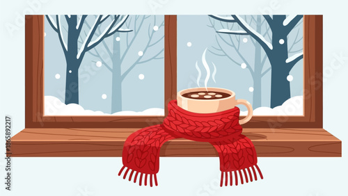 A steaming cup of coffee wrapped in a red scarf on a snowy window sill viewed from inside a cozy room