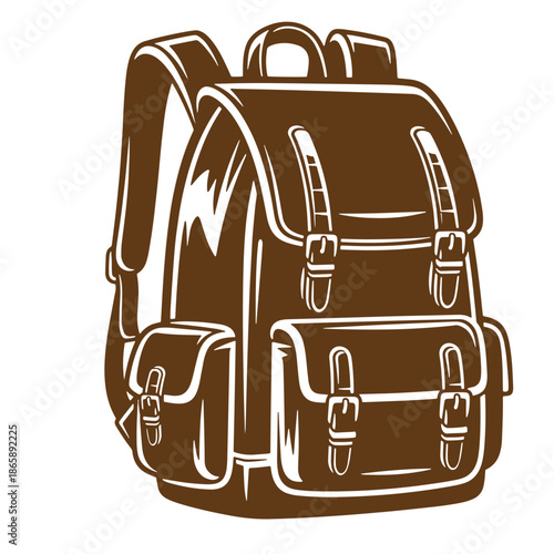 Brown leather backpack with white outlines and transparent background for travel or school
