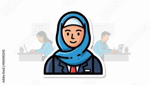 Diverse team members working on laptops at office desks, with a woman in hijab in foreground