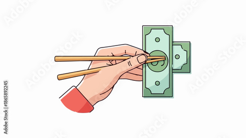Hand using chopsticks to grab a dollar bill, representing financial success or earning money