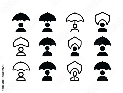 Liability Icon Set. Liability. Icon set. Set Logo of Liability: umbrella protection. harmonious logo variations of the same emblematic concept, each with