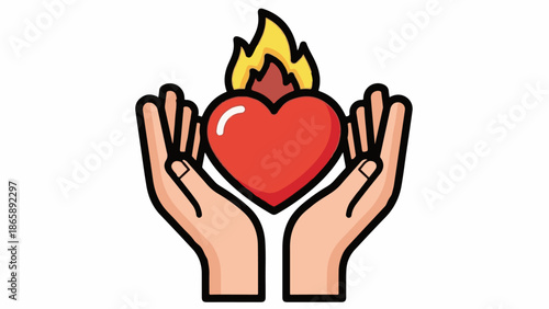 Hands cupping a flaming heart symbol