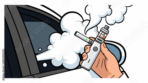Hand holding vape pen emitting vapor from car window