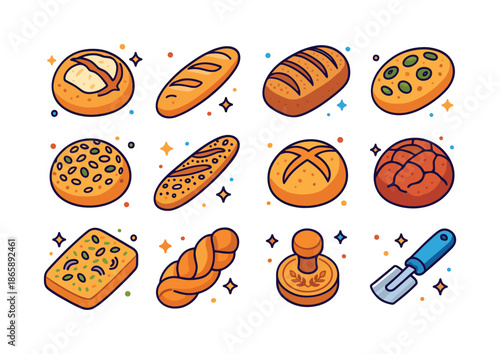 Colorful Bakery Icons. Artisan bakery. Colorful isometric vector icons set of artisan bakery: rustic sourdough, crusty baguette, stone-baked loaf, olive bread,