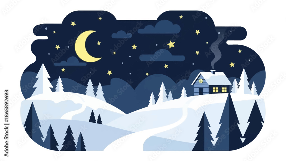 Naklejka premium A serene winter night scene with a house nestled among snow-covered trees under a starry sky with a crescent moon shining brightly