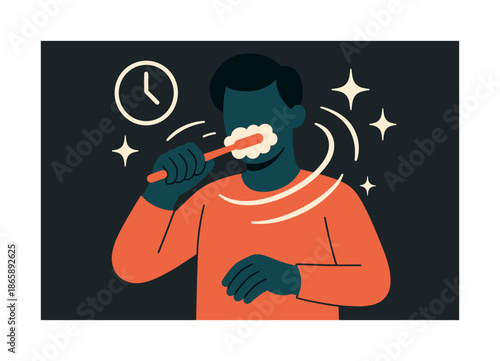 Routine Toothbrushing Sparkles. Brushing teeth. A figure brushing with foamy motion arcs around the toothbrush; floating sparkles marking cleanliness. Clock