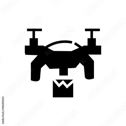 Unmanned aerial vehicle (UAV) drone carrying a package for delivery.