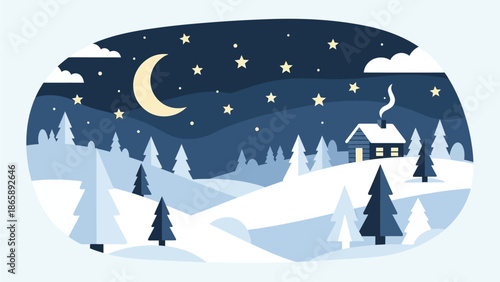 A serene winter night scene with a house surrounded by snow-covered trees under a starry sky