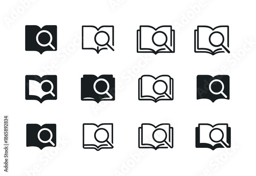 Knowledge Icon Set. Knowledge. Icon set. Set Logo of knowledge: magnifying glass over book. harmonious logo variations of the same emblematic concept, each