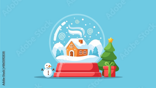 A serene winter wonderland scene inside a snow globe showcasing a cozy house surrounded by snow and festive decorations viewed from the front