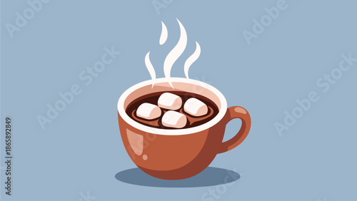 Steaming cup of hot chocolate with marshmallows on a winter morning