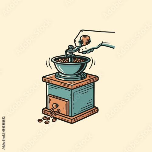 Retro Coffee Grinder Hand Mill Illustration Manual Brewing