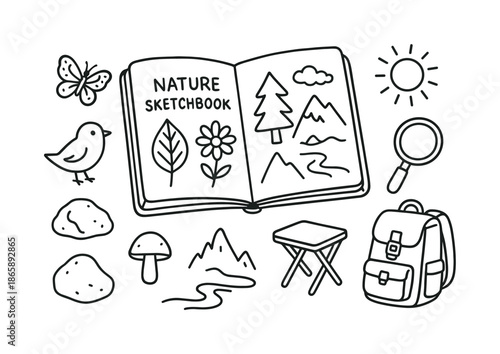 Nature Sketchbook Illustrations. Nature sketchbook. Hand-drawn doodle illustration nature sketchbook open sketchbook, leaf, flower, tree, mountain outline,