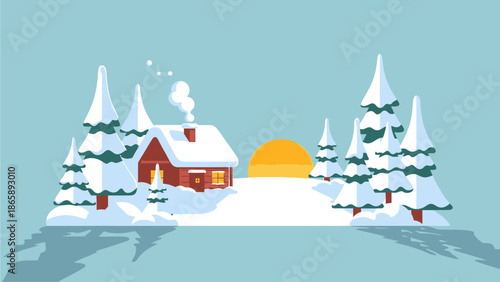 Snowy landscape with a red cabin and trees at sunrise from a distant viewpoint