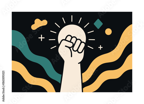 Triumphant Energy. Moment of triumph. A raised fist catches the central light; floating shapes celebrate the energy of success. The background blooms with