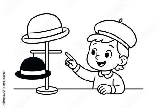 Kids' Hat Choices. Fashion hats children?s coloring book illustration, outlined drawing, child selecting between a bowler hat and a beret on a simple hat