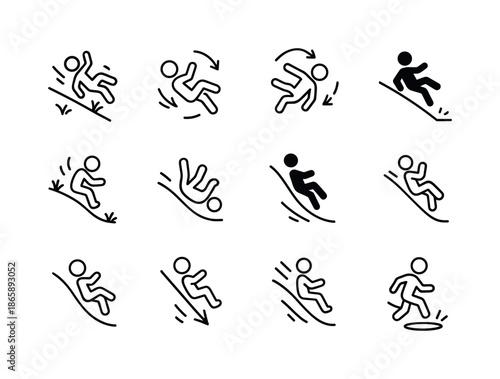 Hill Roll Icon Set. Rolling down the hill. Line icon set of Rolling down the hill: person rolling, tumbling motion arrows, sloped hill, grass patches, bounce