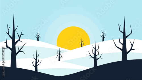 Serene winter landscape with snow-covered hills, bare trees, and a bright sun in a clear blue sky