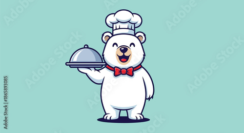 A cheerful cartoon polar bear wearing a chef's hat and red bow tie holds a covered dish against a light blue background.