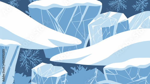 Frozen landscape with icy crystals and snowflakes in a serene winter scene viewed from above