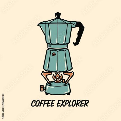 Coffee Explorer vintage illustration Moka pot brewing on a camping stove